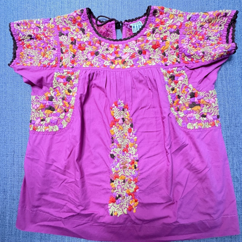 Sister Mary Magenta Pink Embroidered Floral Peasant Blouse Tassel Top Small
